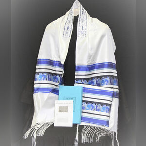 Tallit | Blue Jerusalem skyline, woven polyester, with handmade bag